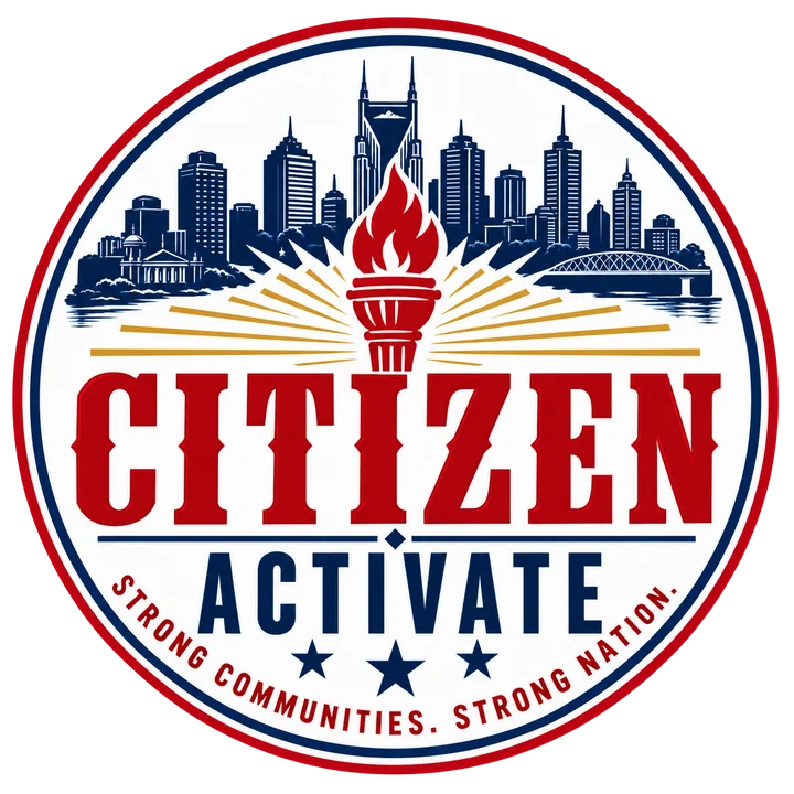 Citizen Activate badge: a lit torch in front of the Nashville skyline, with the tagline Strong Communities, Strong Nation.